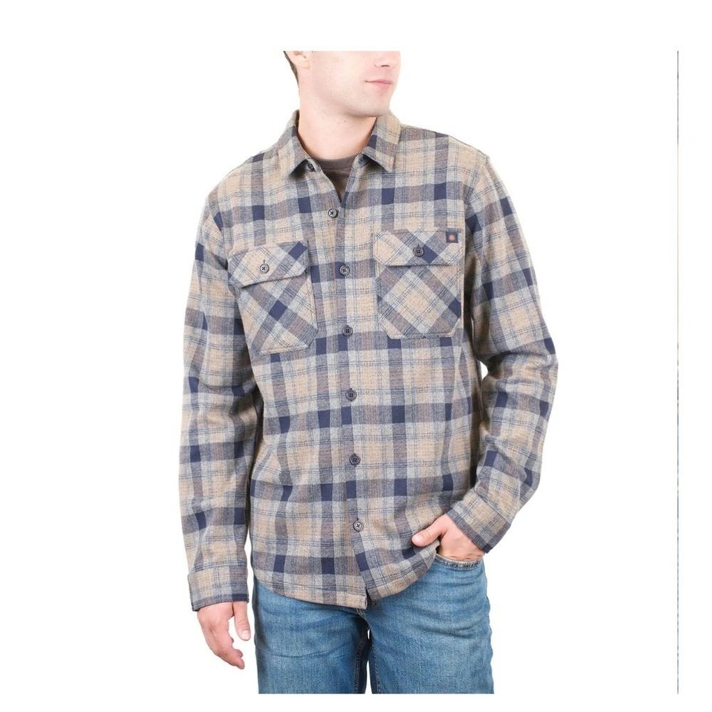 Mountain and Isles Plaid Shirt Mens XXL Tan Navy Blue Excellent Stretch Flannel